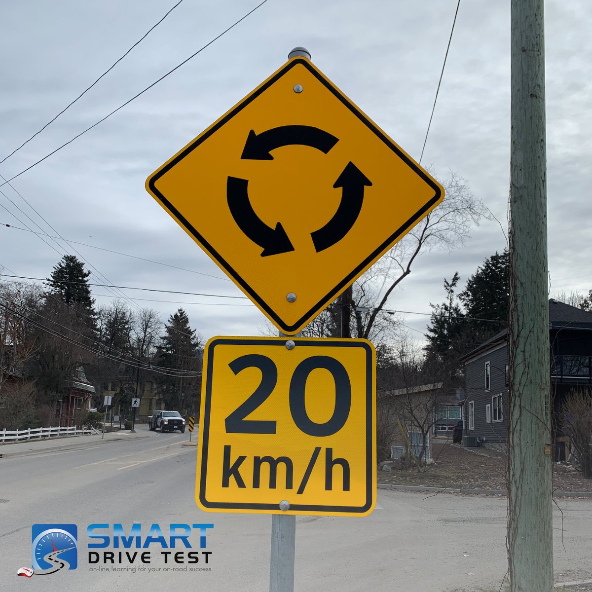 DON'T FAIL YOUR DRIVER'S TEST COURSE PKG LEARN MORE HERE: smartdrivetest.com/new-drivers/sm… This cautionary sign warns of a roundabout ahead. The arrows indicate which direction you MUST travel through the roundabout. The speed below the sign is the recommended speed you should travel.