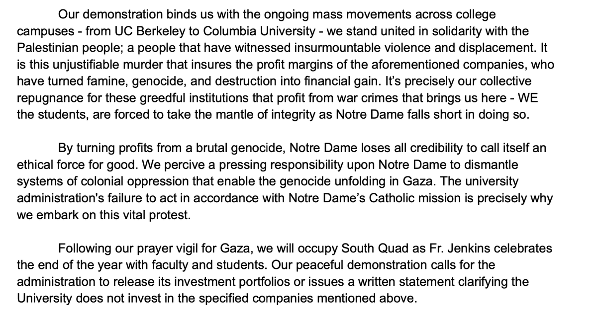 NOTRE DAME STUDENTS START THEIR SIT IN FOR GAZA: OUR STATEMENT BELOW. <a href="/NationalSJP/">National Students for Justice in Palestine</a>