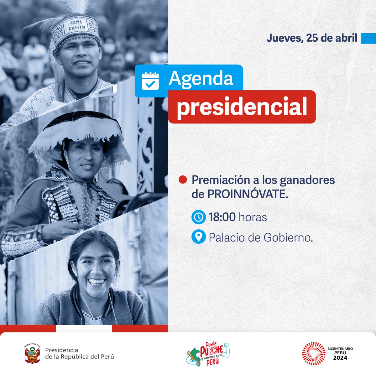 #AgendaPresidencial | La mandataria Dina Boluarte liderará la premiación a los ganadores del @ProInnovatePeru, que busca reconocer, impulsar y fortalecer el emprendimiento e innovación en el Perú, así como apoyar a las micro, pequeñas y medianas empresas. #PonlePunchePerú 💪…