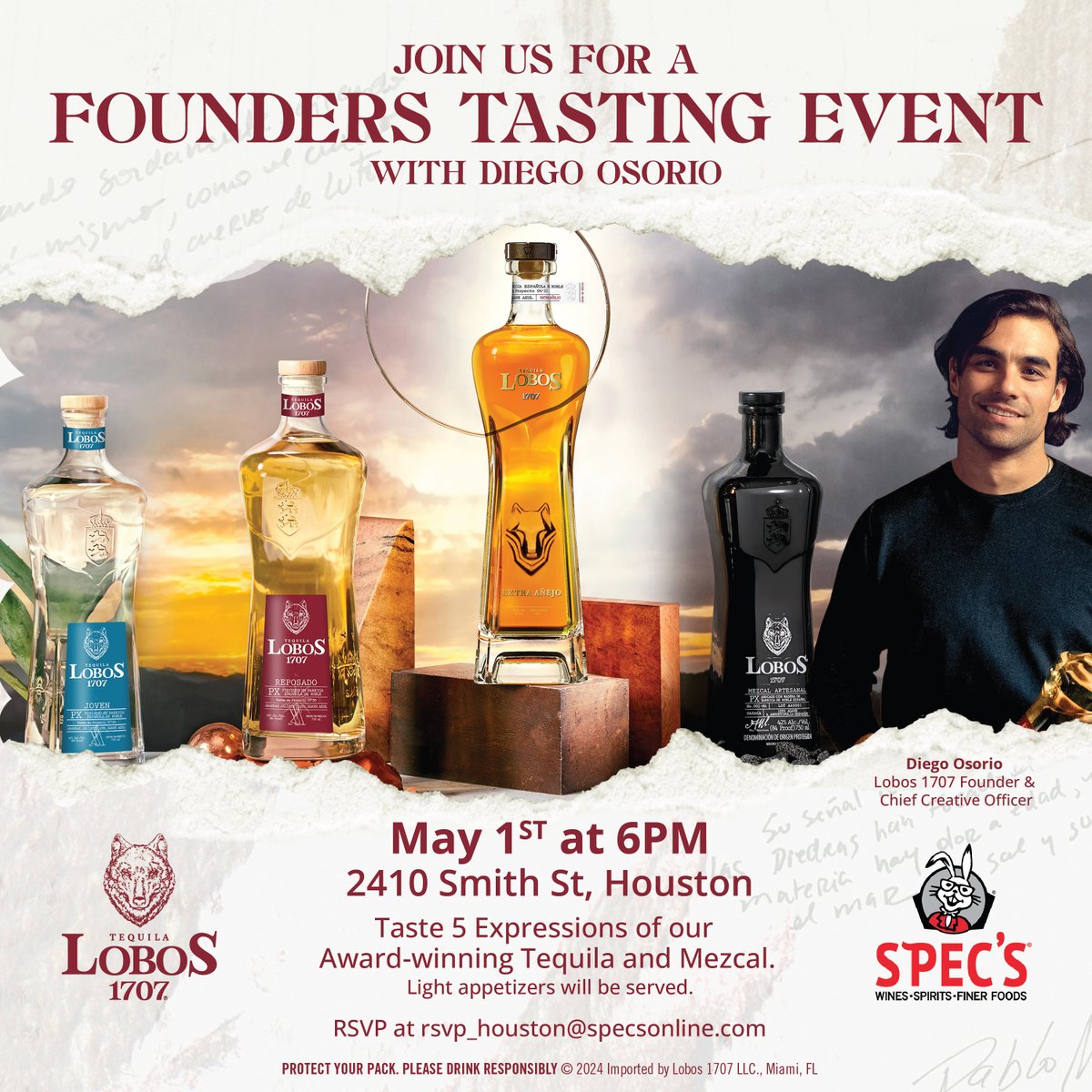 Join us for a special tasting of @Lobos1707's award-winning premium tequila and mezcal, led by Founder and Chief Creative Officer, Diego Osorio 🤠 RSVP Today Here: bit.ly/444hWgX