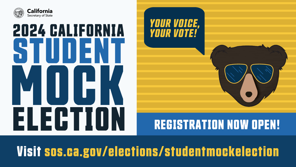 Registration is officially open for the 2024 Student Mock Election! Visit the Secretary of State’s Student Mock Election page to get your school registered now. sos.ca.gov/elections/stud…