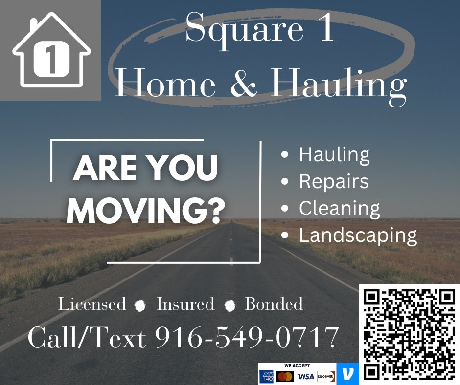 Stressed? Short on time? 
Square 1 Home & Hauling has got you covered. 

#propertymaintenance #junkremoval #deepcleaning #movingtips #Homerepair #tenants #buyahome #renters #cleaningservices #landscaping #sacramento #sacramentocounty #placercounty #yolocounty