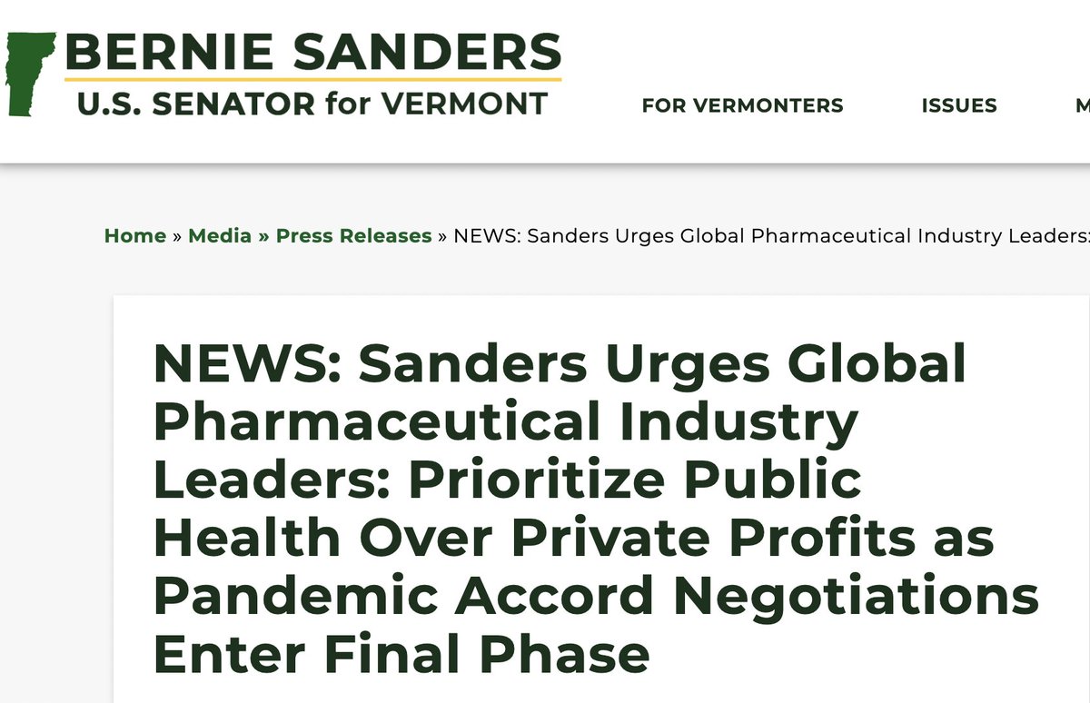 🚨“There is no rational reason why vaccine manufacturers should be allowed to keep lifesaving manufacturing information secret in the face of an international public health emergency.” @SenSanders urges equity over profit in the #PandemicAccord bit.ly/3wd33Ov
