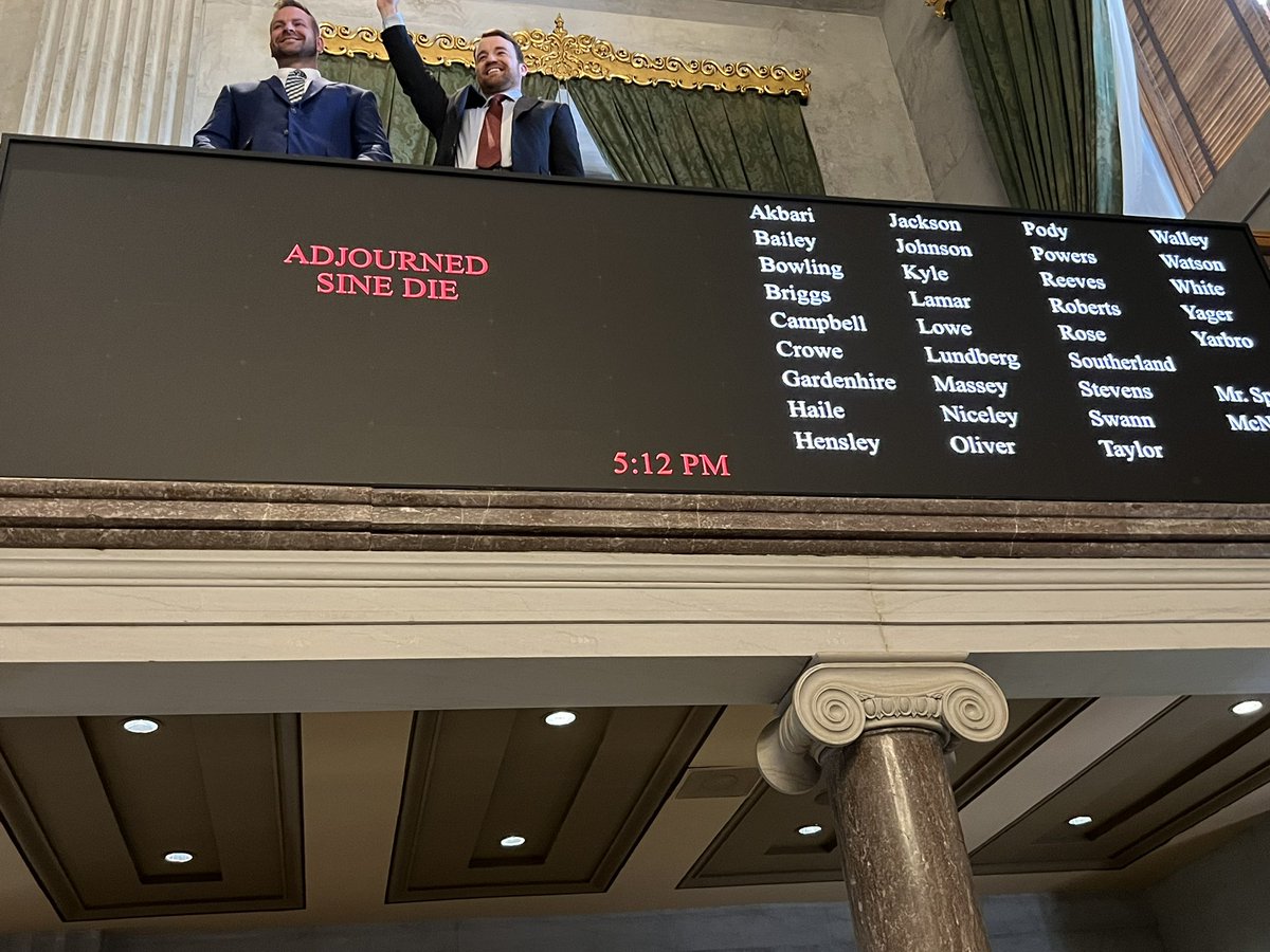 Sine Die. The 113th Tennessee General Assembly has concluded. The Assembly has done some great work for families, the TN economy, school safety, teacher pay, infrastructure, and public safety. In the coming months, I look forward to spending my weeks back home working in D1!