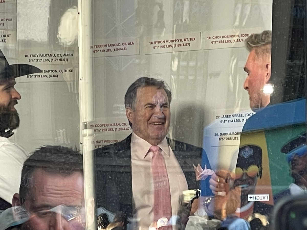 BenVolin's tweet photo. Belichick already breaking down the draft board for McAfee and crew https://t.co/GJlJxwdpmi
