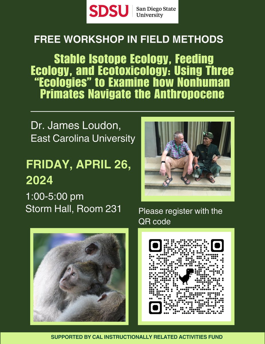 Looking forward to hosting Dr. James Loudon for @anthrosdsu annual field methods in #primatology lecture & workshop series! If you're in San Diego, and interested, please join us 🐒🐒🐒 #SDSU #StableIsotopeEcology #Ecotoxicology #Macaques