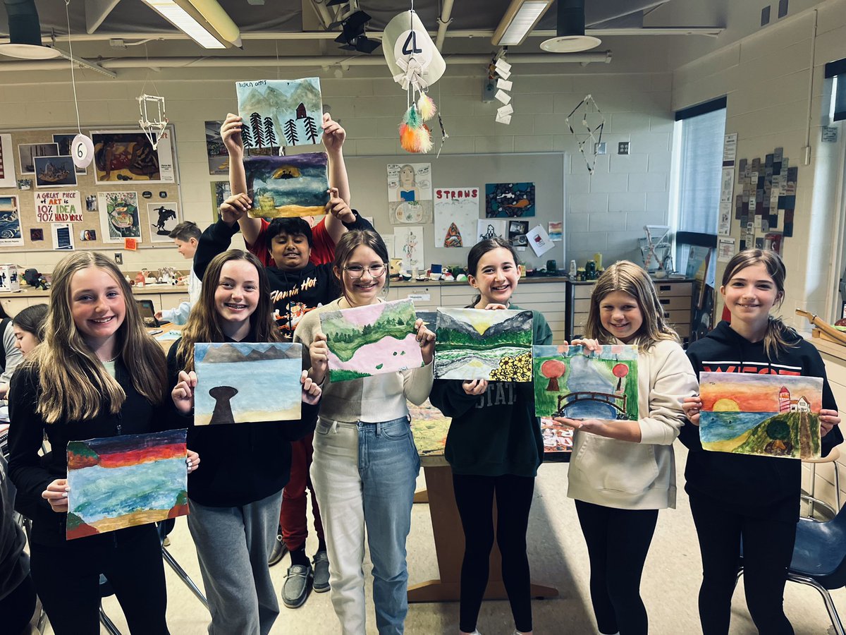 6th grade artists completed their watercolor landscape paintings! They also participated in a class critique which ended with all students giving compliments on their classmates’ work. #RCSArts #TogetherasWarriors
