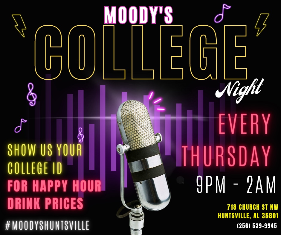 School got you stressed? 🧠
The 📚 smartest 🍹thing to do when you need to unwind is come to Moody's for #CollegeNight 🤩 
Enjoy Happy Hour drink prices from 9pm-2am 🍸 
.
.
.
#HappyHour #THURSDAYnight #TimeToCelebrate #Moodys