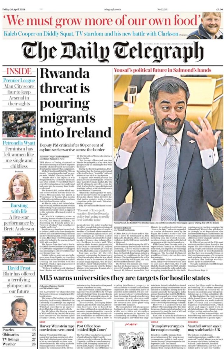 Just when we Thought things were bad enough with Asylum Shysters pouring into Ireland, this on the front page of @dailytelegraph tomorrow 🙄