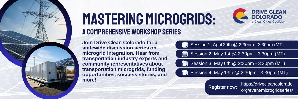 Join us for Mastering Microgrids, a statewide discussion series on microgrid integration. Hear from industry experts &amp; community representatives about transportation microgrids, funding opportunities, success stories, &amp; more! The first event is April 29: drivecleancolorado.org/event/microgri…