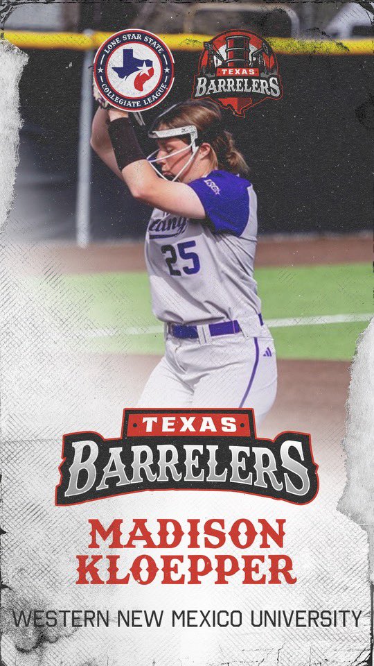 Lone Star State Collegiate League (@lonestarleague) on Twitter photo Welcome to the 2024 Texas Barrelers <a href="/MadisonKloeppe1/">MadisonKloepper</a> from <a href="/wnmu_sb/">WNMU Softball</a> coming to the inaugural Lone Star State Collegiate League this summer for the BARRELERS 🛢️!
Players Register:🔽
LoneStarStateLeague.com Welcome to the 2024 Texas Barrelers <a href="/MadisonKloeppe1/">MadisonKloepper</a> from <a href="/wnmu_sb/">WNMU Softball</a> coming to the inaugural Lone Star State Collegiate League this summer for the BARRELERS 🛢️!
Players Register:🔽
LoneStarStateLeague.com