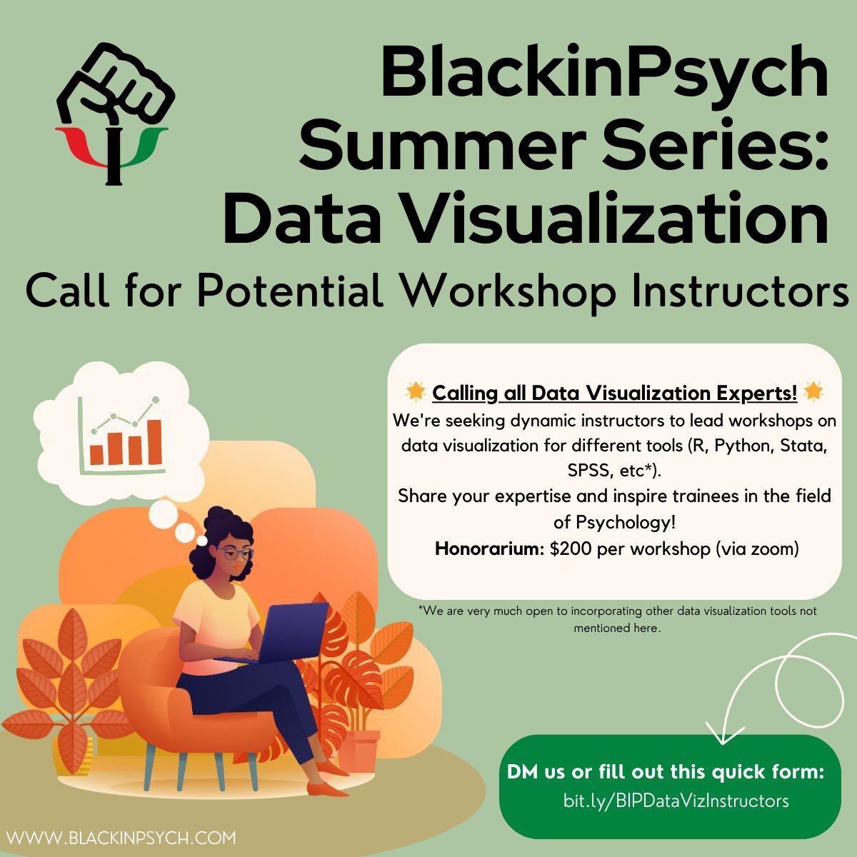 🌟 Calling all Data Visualization Experts! 🌟 We're organizing our summer series & we're seeking instructors to lead workshops using various tools (#R, #Python, #Stata, #SPSS, etc). 💸 Honorarium: $200/workshop 👉🏾More info: bit.ly/BIPDataVizInst… #DataViz #blackinpsych