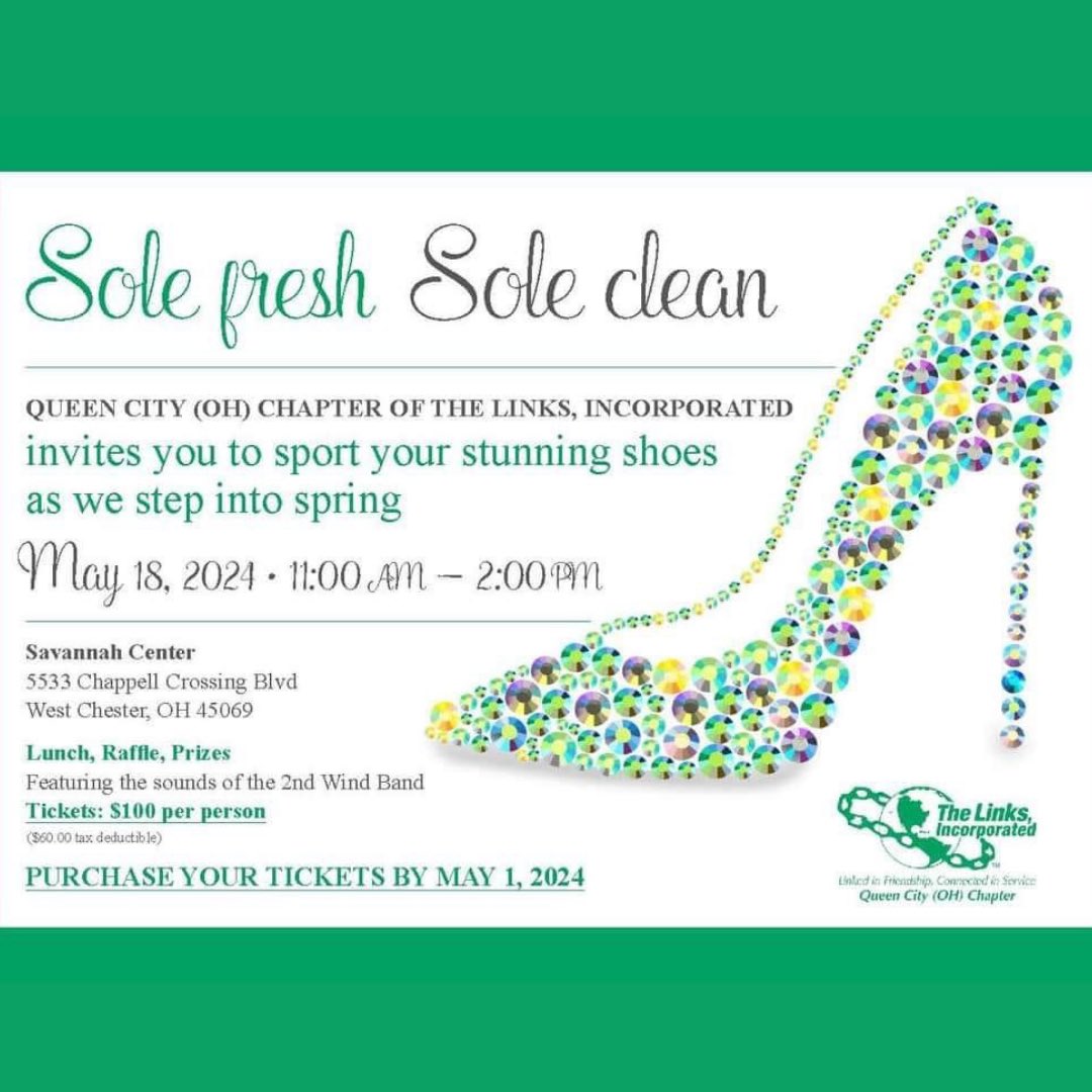 QueenLinks's tweet photo. Sport your stunning shoes and step into Spring the Queen City (OH) Chapter of The Links, Incorporated Sole Fresh, Sole Clean Luncheon and Raffle on Saturday, May 18 beginning at 11 a.m. https://t.co/6gWRmnJQzQ

#QCL #solefreshsoclean #thingstodo #Spring2024 #stepintospring https://t.co/YX3NTmQhsv