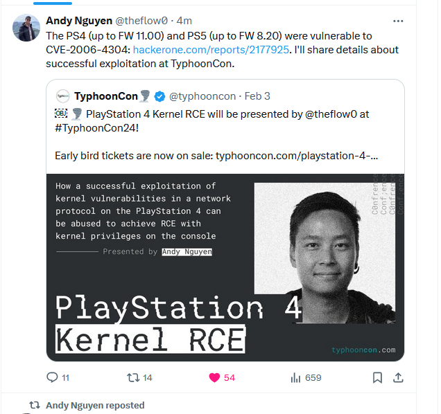 ➭ PS4 FW 11.00 and PS5 FW 8.20 were vulnerable to CVE-2006-4304 - Remote vulnerabilities in spp by theflow0 🔥🧐 → hackerone.com/reports/2177925