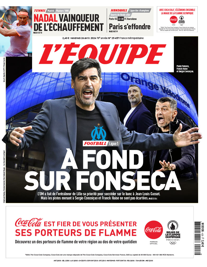 L'OM a fond sur Fonseca ! La une du journal L'Equipe de ce vendredi 26 avril Lire l'article > ow.ly/sZ3v50RoxuW