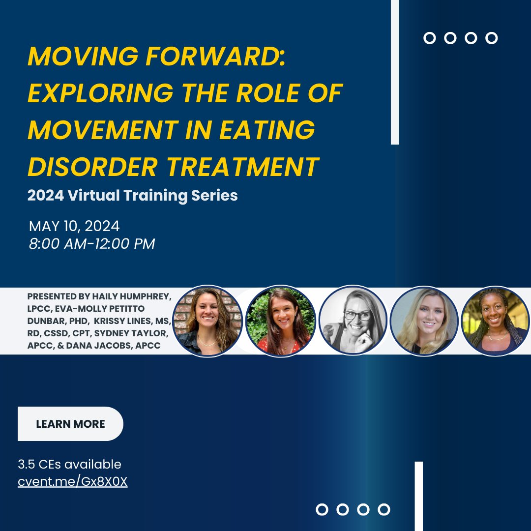 🌟 Join us on May 10th for our third Virtual Training session: Moving Forward: Exploring the Role of Movement in Eating Disorder Treatment. Learn more and register visit: cvent.me/Gx8X0X #EatingDisorderRecovery #VirtualTraining #MovementInTreatment