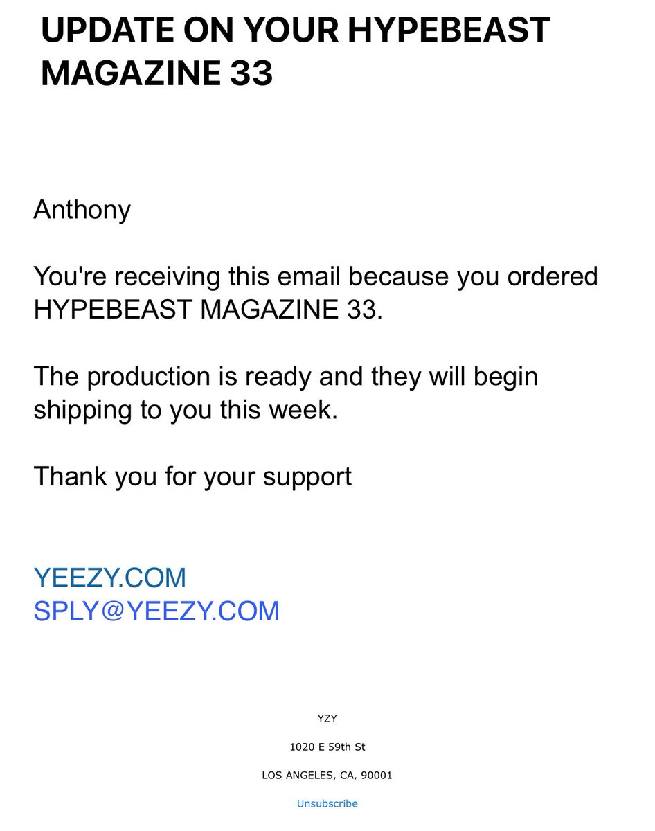 YZY emails with an update on the Hypebeast Magazine 33