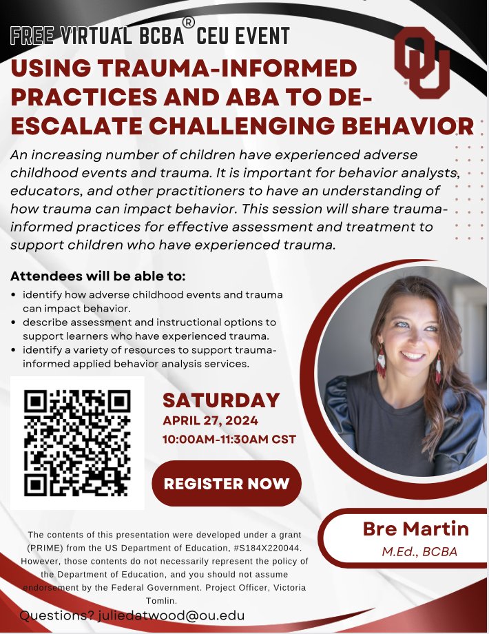 Upcoming free virtual workshop! BCBA CEUs are available, but all are welcome! Scan the QR code to register. #education #Trauma #Specialeducation
#specialeducationteacher #teacher #appliedbehavioranalysis #BCBA #ProfessionalDevelopment