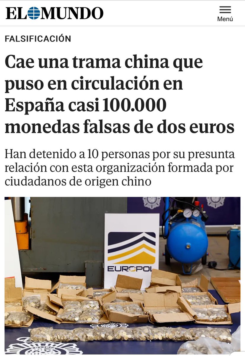 🚨🇪🇺 欧洲最大的假币工厂 中共国将近10万枚假两欧元硬币投入西班牙流通的阴谋落空 他们因涉嫌与该由华裔公民组成的组织有关系而逮捕了 10 人
