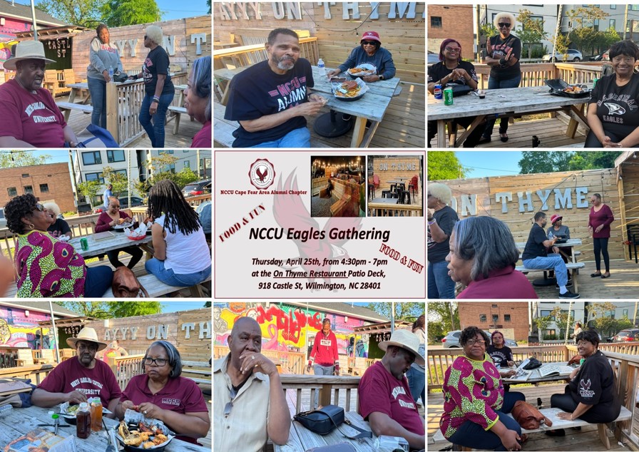 Members of the NCCU: Cape Fear Area Alumni Chapter had good food and lots fun during their 'Eagles Gathering' on the patio of the On Thyme Restaurant, Thursday afternoon. The weather was great too.  #EaglesUp #EaglePride
