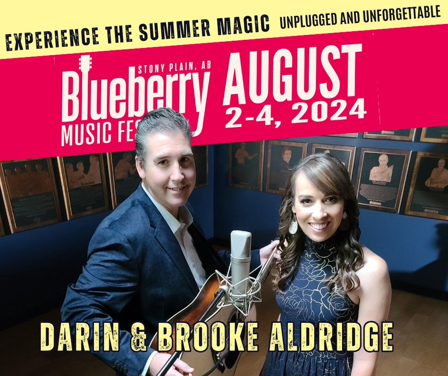 We are proud to announce our 2024 Blueberry artist lineup with @DarinandBrookeA coming to Stony Plain for our festival Aug. 2-4. Can you believe it?! Bluegrass Sweethearts Darin & Brooke Aldridge coming to our lil' fest! Hot dog! Deets @ BlueberryBluegrass.com