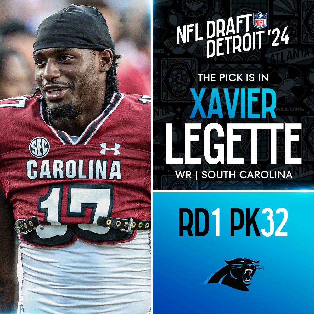 With the No. 32 overall pick in the 2024 @NFLDraft, the @Panthers select Xavier Legette! @NewEraCap 📺: #NFLDraft on NFLN/ESPN/ABC 📱: Stream on #NFLPlus