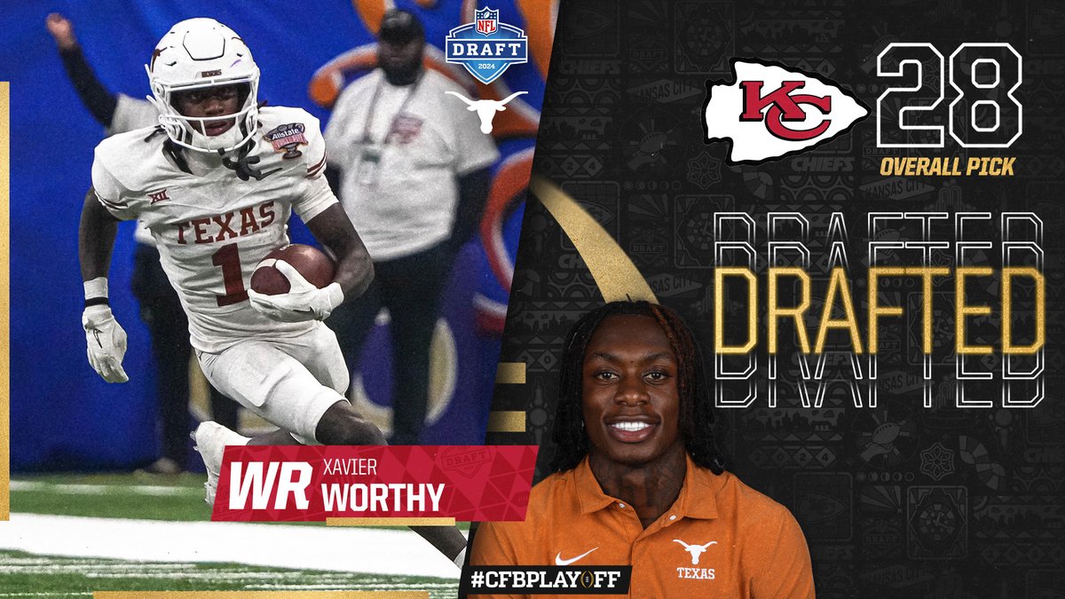 A #CFBPlayoff participant. An @NFL Combine record holder. A Kansas City Chief. Congratulations to @TexasFootball WR Xavier Worthy (@XavierWorthy), who was drafted 28th overall by the two-time defending Super Bowl champions!