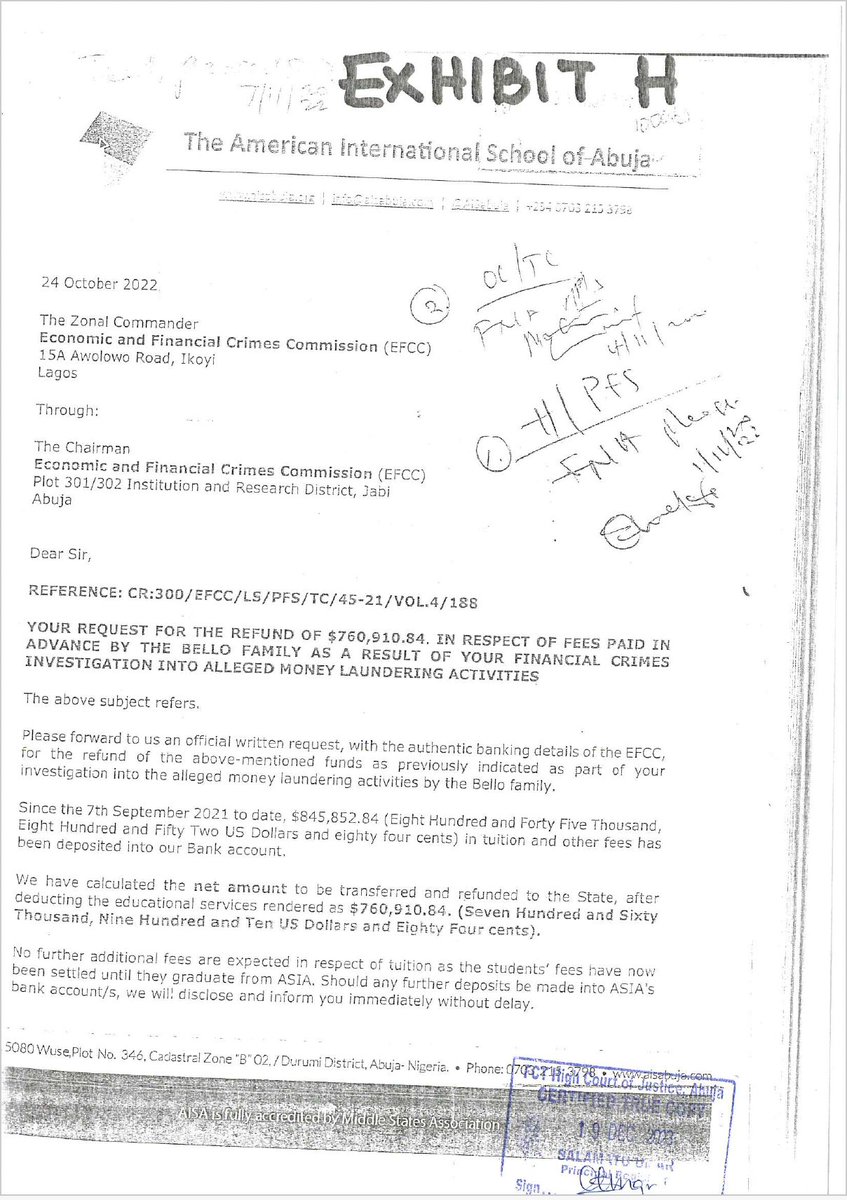 EFCC asked American International School of Abuja to forward the $845,000 school fees paid by Yahaya Bello. Here's the school's response 👇🏾 Details in this video: youtu.be/msM2YbBwUhk