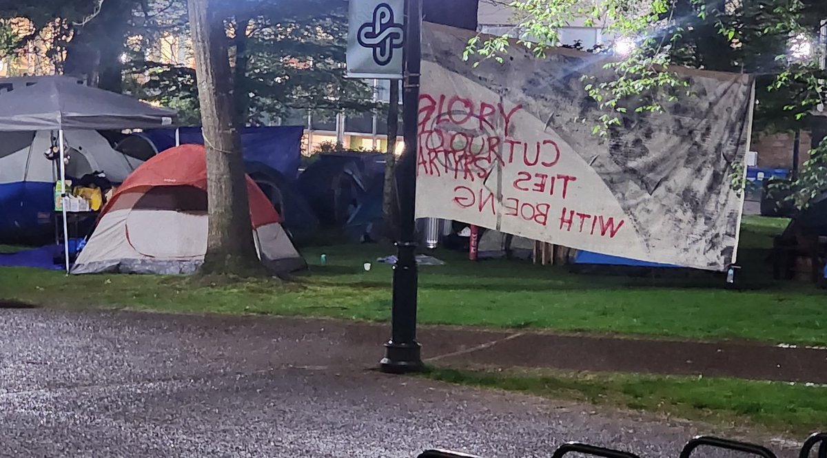I'm at my Alma Mater, Portland State University, where a protest crowd has sent up an encampment to protest the partnership between PSU and Boeing and their involvement with Israel's war against Palestine. There's a small crowd here already and more people appear to be showing up