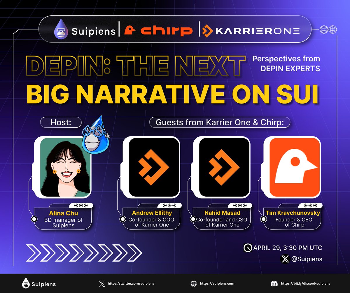 🔥 Join our exclusive AMA featuring the visionaries behind Sui's top #DePIN projects: @ChirpDeWi & @karrier_one 

📋Topic: DePIN - The Next Big Narrative on Sui
🔗Space Link: x.com/i/spaces/1yNxa…

Speakers: 

🎙️ Tim Kravchunovsky - Founder & CEO of @ChirpDeWi.
🎙️ Andrew…