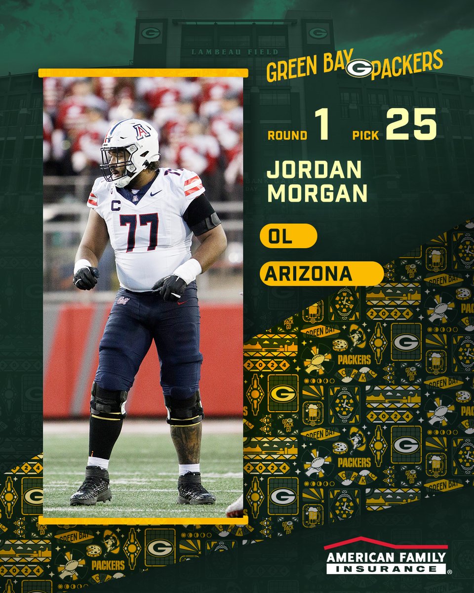 With the 25th pick in the 2024 #NFLDraft, the #Packers select OL Jordan Morgan from the University of Arizona! @amfam | #PackersDraft