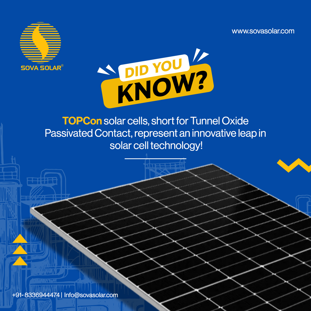 TOPCon cells are designed to enhance efficiency and reliability in solar energy production. These cells feature a unique structure with a tunneling oxide layer that reduces recombination losses, leading to increased cell efficiency. 

#sovasolar