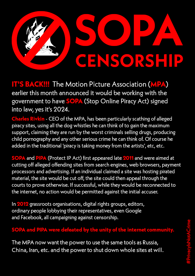 #Anonymous 
Weekly roundup of mass surveillance and censorship legislation.
#PatriotAct 2.0
FISA Section 702 
#SOPA 
Freedom of information and free speech are basic human rights.
#PrivacyIsNotACrime