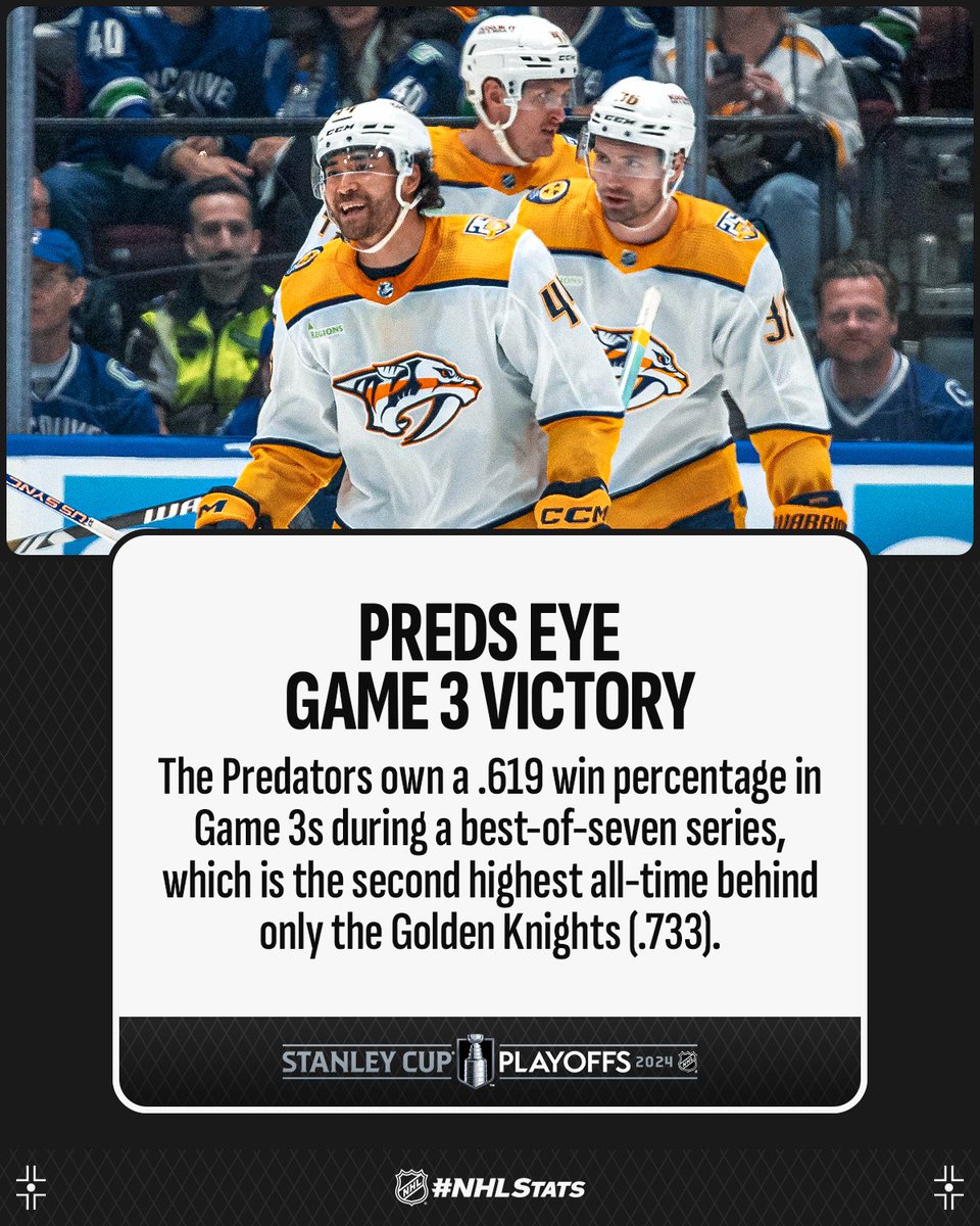 The @PredsNHL are heading back to Bridgestone Arena for Game 3 – the point in a series they've historically had great success in. Watch them against the Canucks at 7:30 p.m. ET on @SportsonMax and @Sportsnet. #StanleyCup #NHLStats: media.nhl.com/public/news/17…