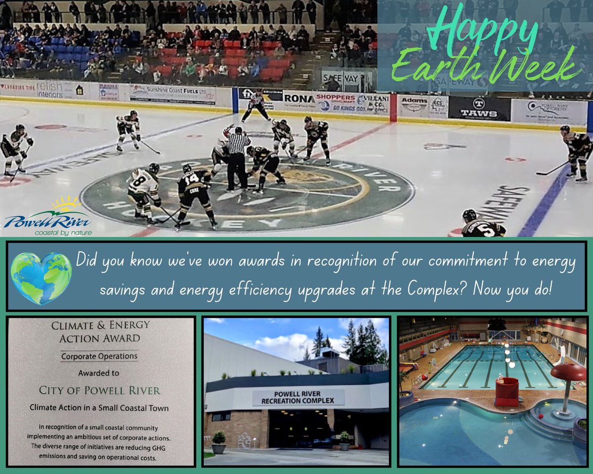 Some of the energy saving improvements we've made at the Complex: ▪️insulated & reflective ceilings in Hap Parker & smaller rink ▪️energy efficient ice-making system ▪️ice plant heat recovery system ▪️natural gas condensing boiler ▪️direct digital controls ▪️pool heat exchangers