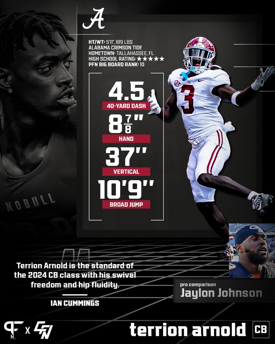Terrion Arnold is the No. 1 CB on PFN's Big Board, and he has the traits to be a lockdown cover man at the next level. 😮‍💨 #RollTide | #OnePride