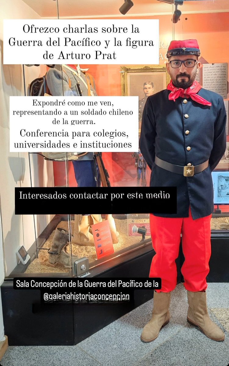 Ofrezco charlas sobre la Guerra del Pacífico y Arturo Prat para colegios, universidades e instituciones o empresas.
Presentación interactiva y expondré vestido como un solado chileno de la Guerra del Pacífico. 
Interesados contactarse conmigo por DM.