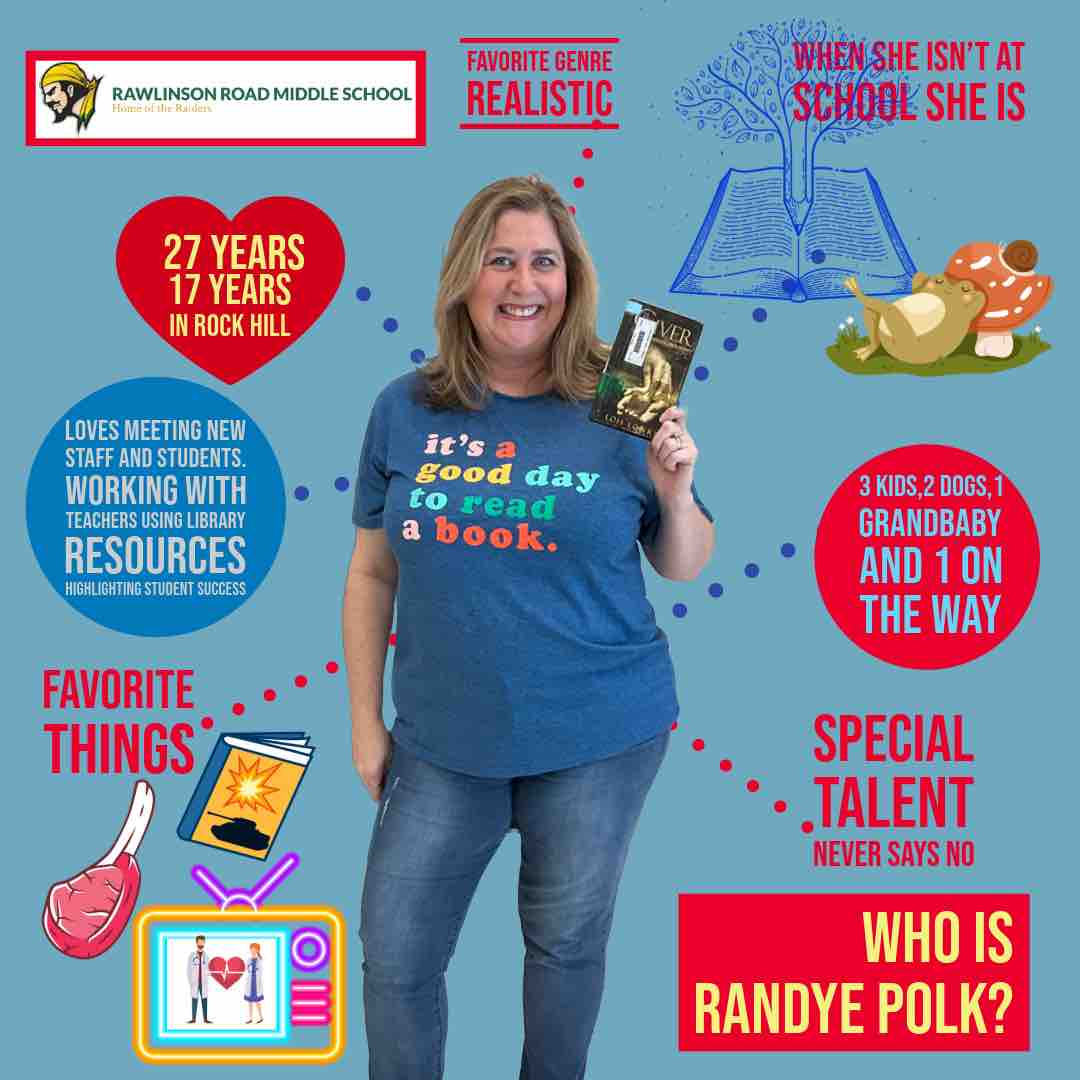 Randye Polk is in the school librarian spotlight with 27 years of experience, 17 of which were in Rock Hill! 🤩 She loves highlighting student successes & collaborating with teachers on library resources. @RawlinsonRoadMS @RockHillSchools @SCASLNet @aasl #SchoolLibraryMonth