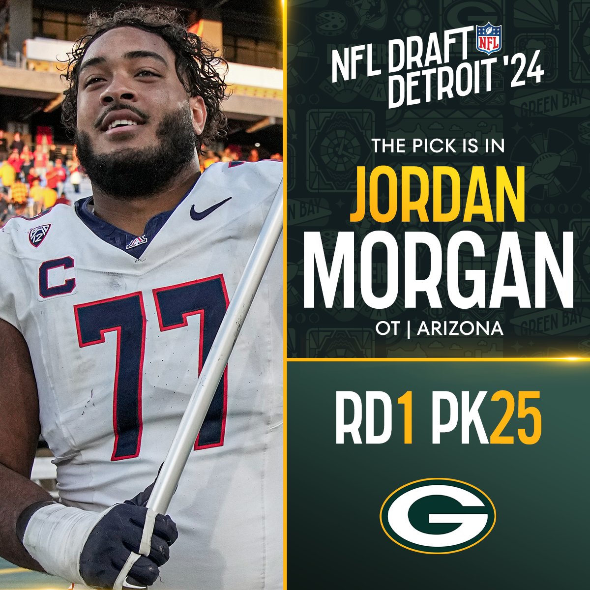 With the No. 25 overall pick in the 2024 @NFLDraft, the @Packers select Jordan Morgan! @NewEraCap 📺: #NFLDraft on NFLN/ESPN/ABC 📱: Stream on #NFLPlus