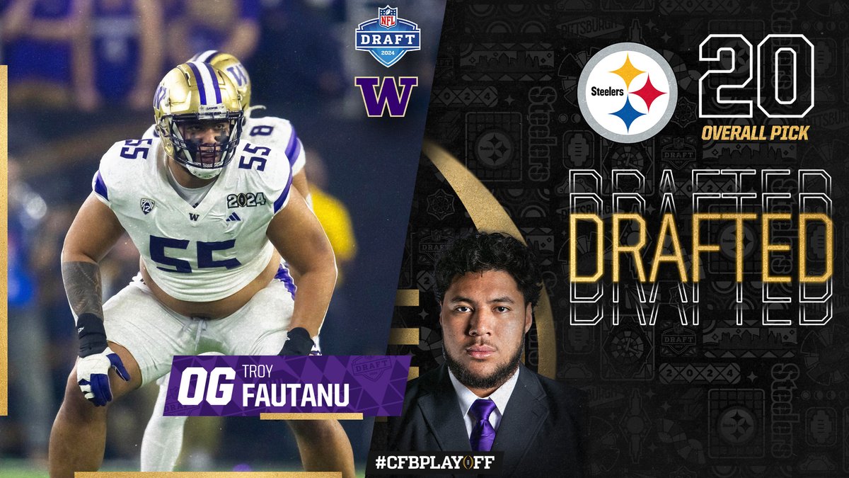 From coast to coast! After the Huskies' 2024 #CFBPlayoff National Championship appearance, @UW_Football OT Troy Fautanu (@tFautanu) has been drafted 20th overall by the Pittsburgh @steelers!