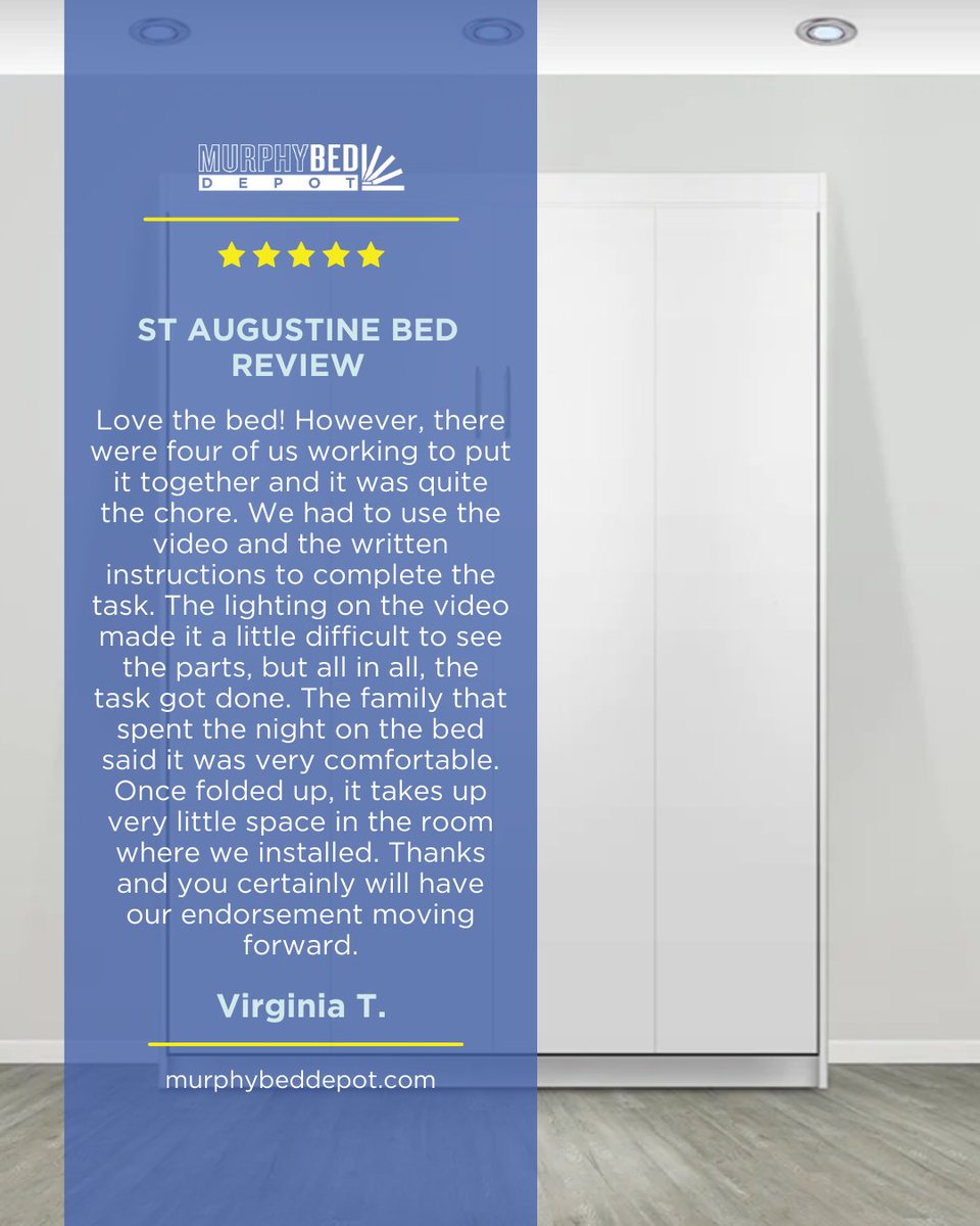 We love hearing from happy customers! Here's what Virginia T. had to say about their St. Augustine Bed! ✨  Thinking about getting a Murphy bed yourself?   Click the link in bio to learn more!  #clientreview #functionalityandstyle #moderndesign