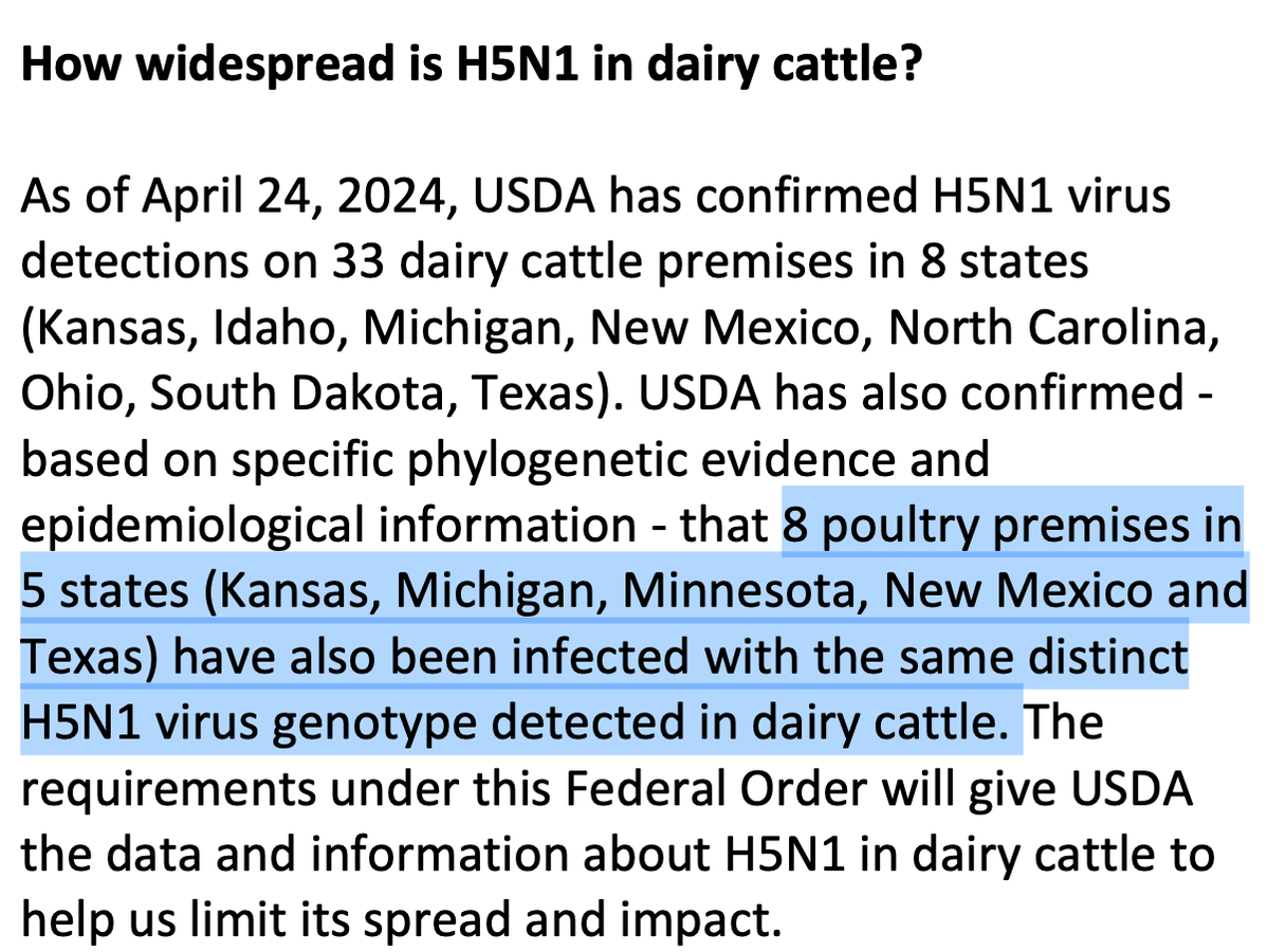 1. @USDA posted an FAQ today about the federal order restricting movement of dairy cattle infected with
#H5N1 #birdflu. Interesting information therein. 
A 🧵 
New to me: USDA says 8 poultry operations in 5 states have had poultry outbreaks with the virus detected in cows.