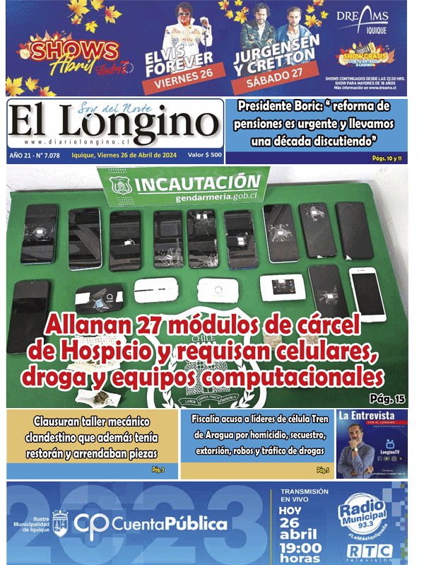 Portada del Diario Longino de Iquique 26 de Abril del 2024 Visite diariolongino.cl #Iquique #Tamarugal #Chile