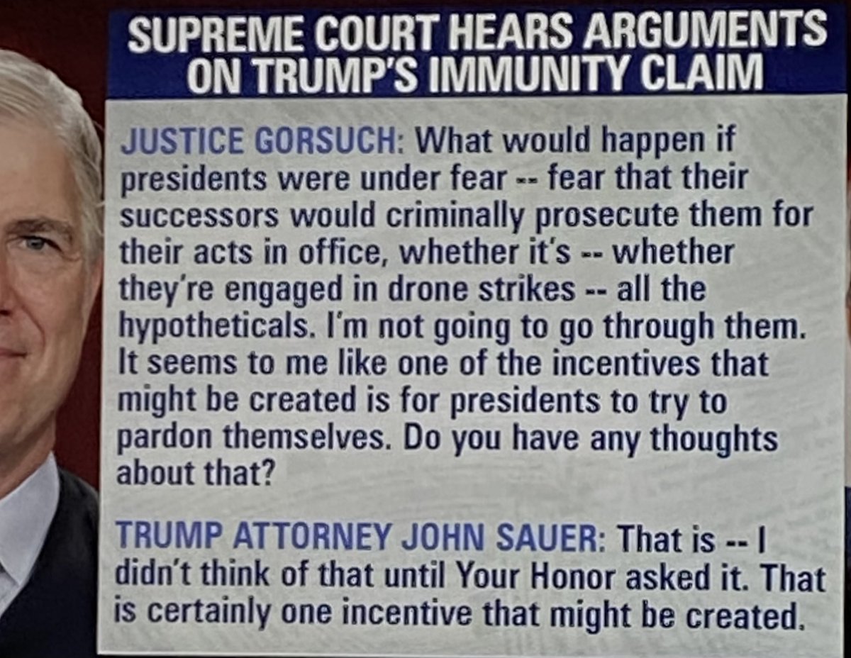 Gorsuch’s comment here. “…fear that their successors would criminally prosecute them..” is a viewpoint that totally ignores the independence of the DOJ & thus serves as an acceptance that Presidents use the DOJ as their own personal attorney. This from a Supreme Court JUSTICE!