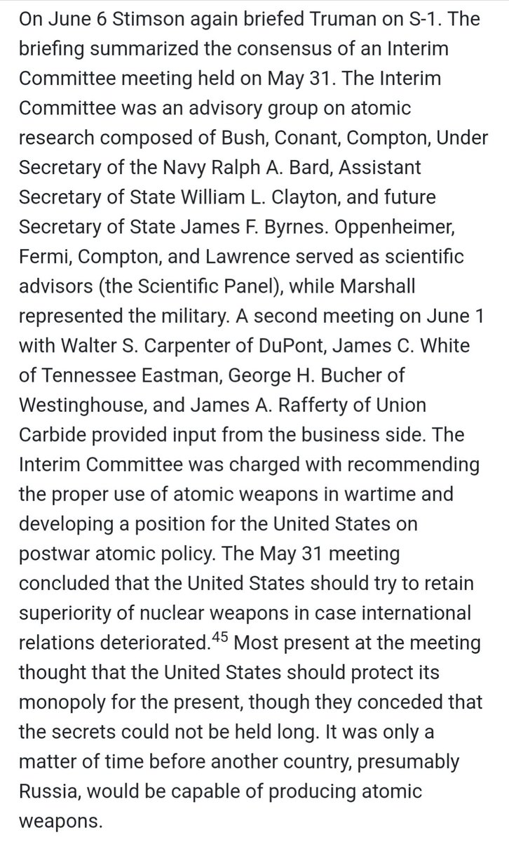 The interim committee of the Manhattan Project included representatives from DuPont, Union Carbide, and Westinghouse, but strangely enough not the Attorney General fucking lel.