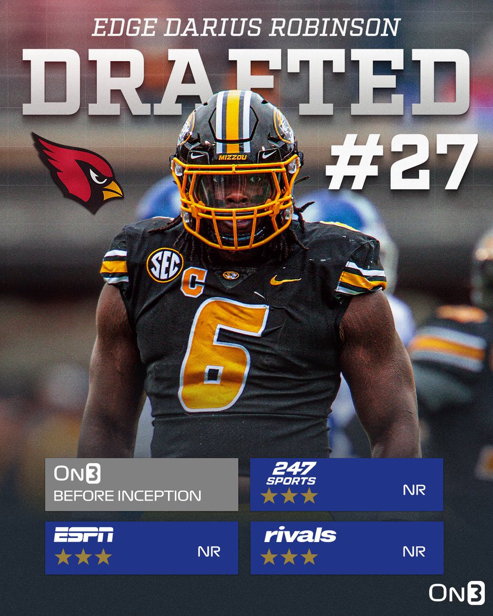 The Arizona Cardinals have selected Missouri EDGE Darius Robinson with the 27th pick in the 2024 NFL Draft🐯 on3.com/nfl/draft/2024/