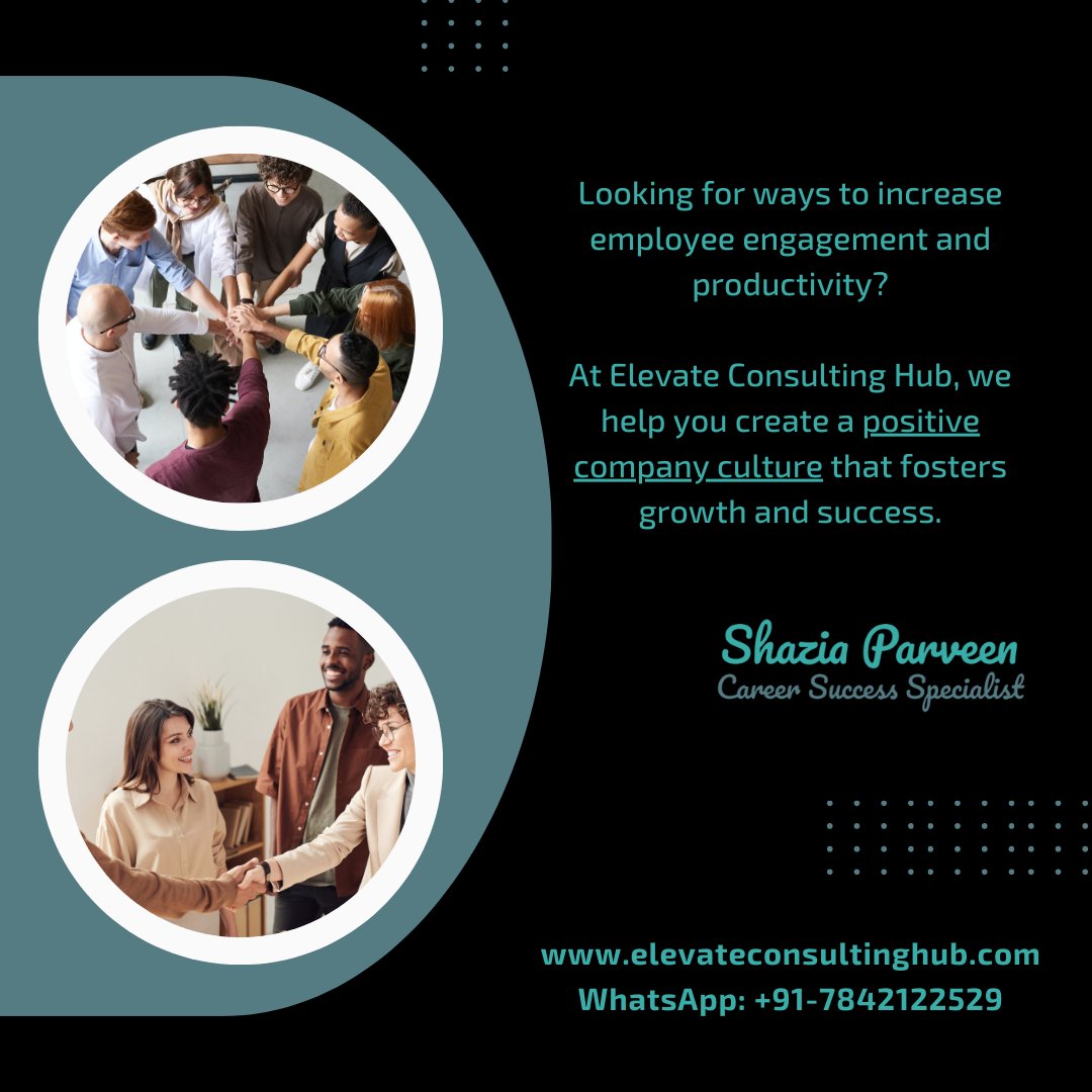 Looking for ways to increase employee engagement and productivity? We help you create a positive company culture that fosters growth and success.

#productivity #positivecompanyculture #positiveculture #growth #elevateconsultinghub #elevateyourself #ShaziaParveen