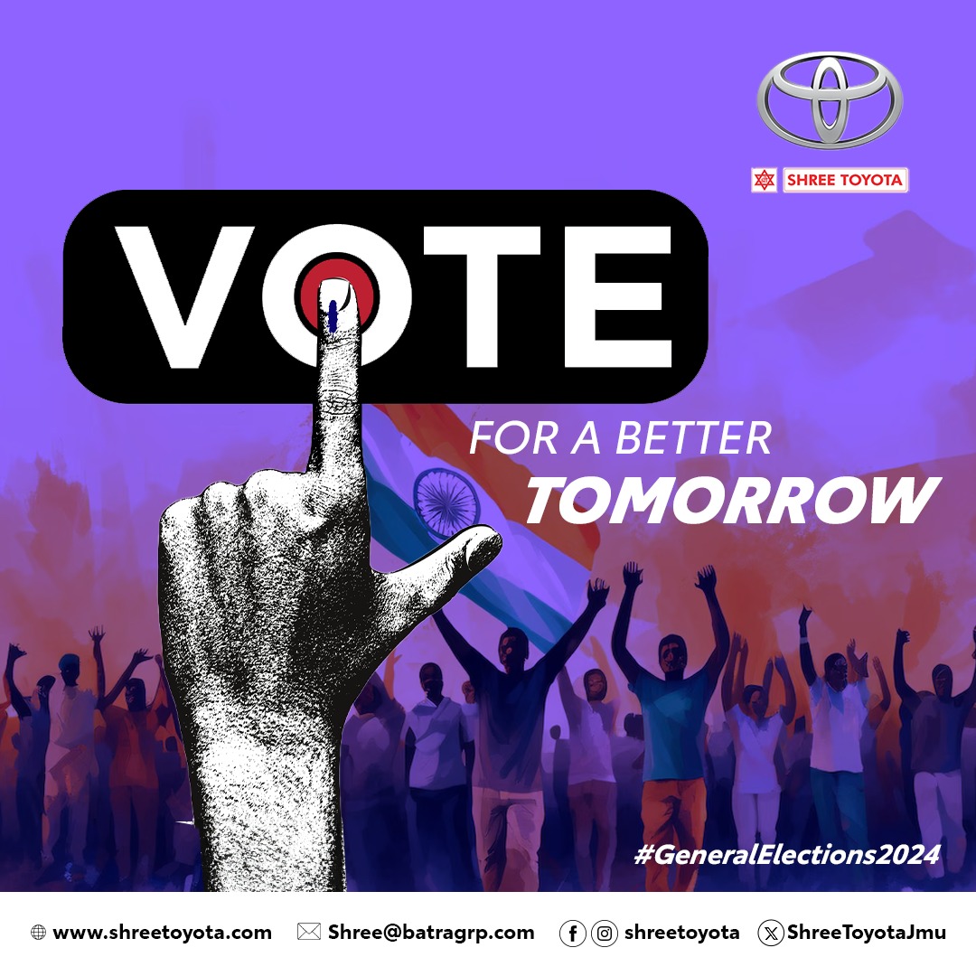 Participate in the country's largest festival. Cast your vote today for a better tomorrow! 

#LokSabhaElections2024
#ShreeToyota
#ToyotaIndia
#Jammu
#Ladakh