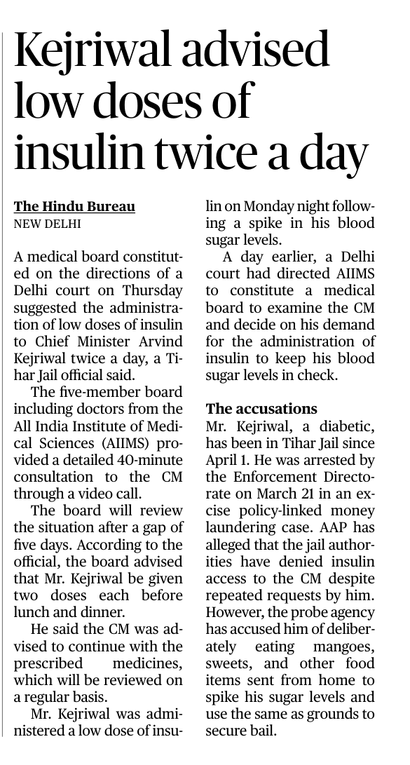 Kejriwal advised Insulin twice a day. And the DG Prisons report had concluded earlier that he did not need Insulin! .