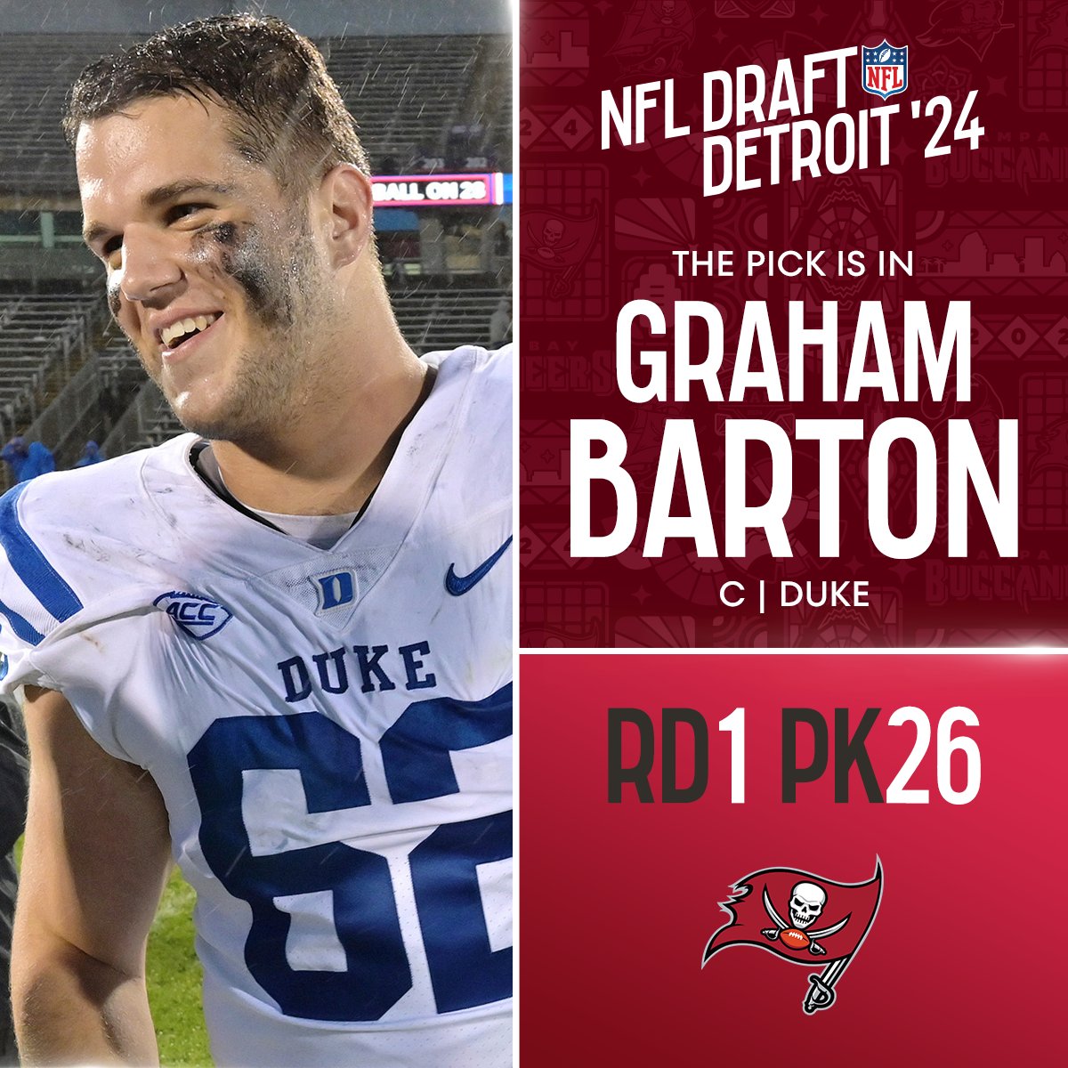 With the No. 26 overall pick in the 2024 @NFLDraft, the @Buccaneers select Graham Barton! @NewEraCap 📺: #NFLDraft on NFLN/ESPN/ABC 📱: Stream on #NFLPlus